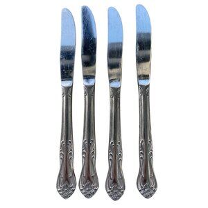 Stainless Japan Dinner Knives Set Of 4 Floral Pattern Silver Vintage Design